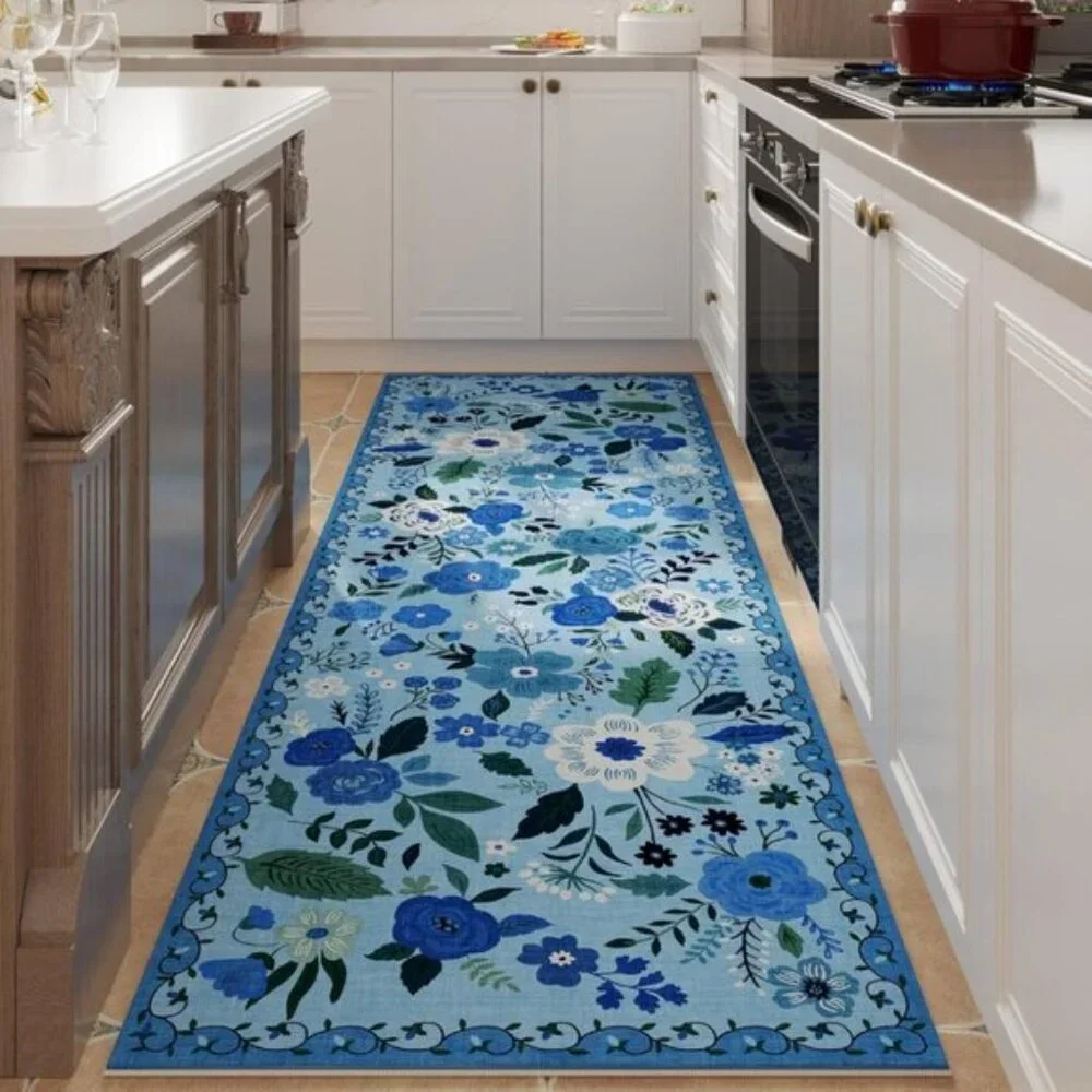 Non Slip 2'x 6' Blue Washable Runner Rugs with Rubber Backing Soft Floral Carpet